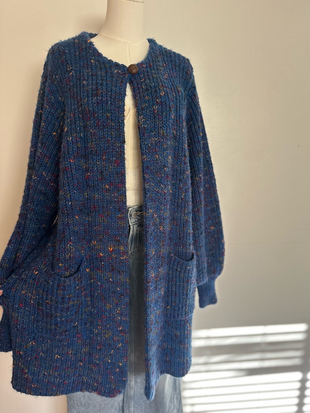Vintage 80s Chunky Confetti Knit Cardigan Pancho Cape Artsy Blue Plus Size 2X